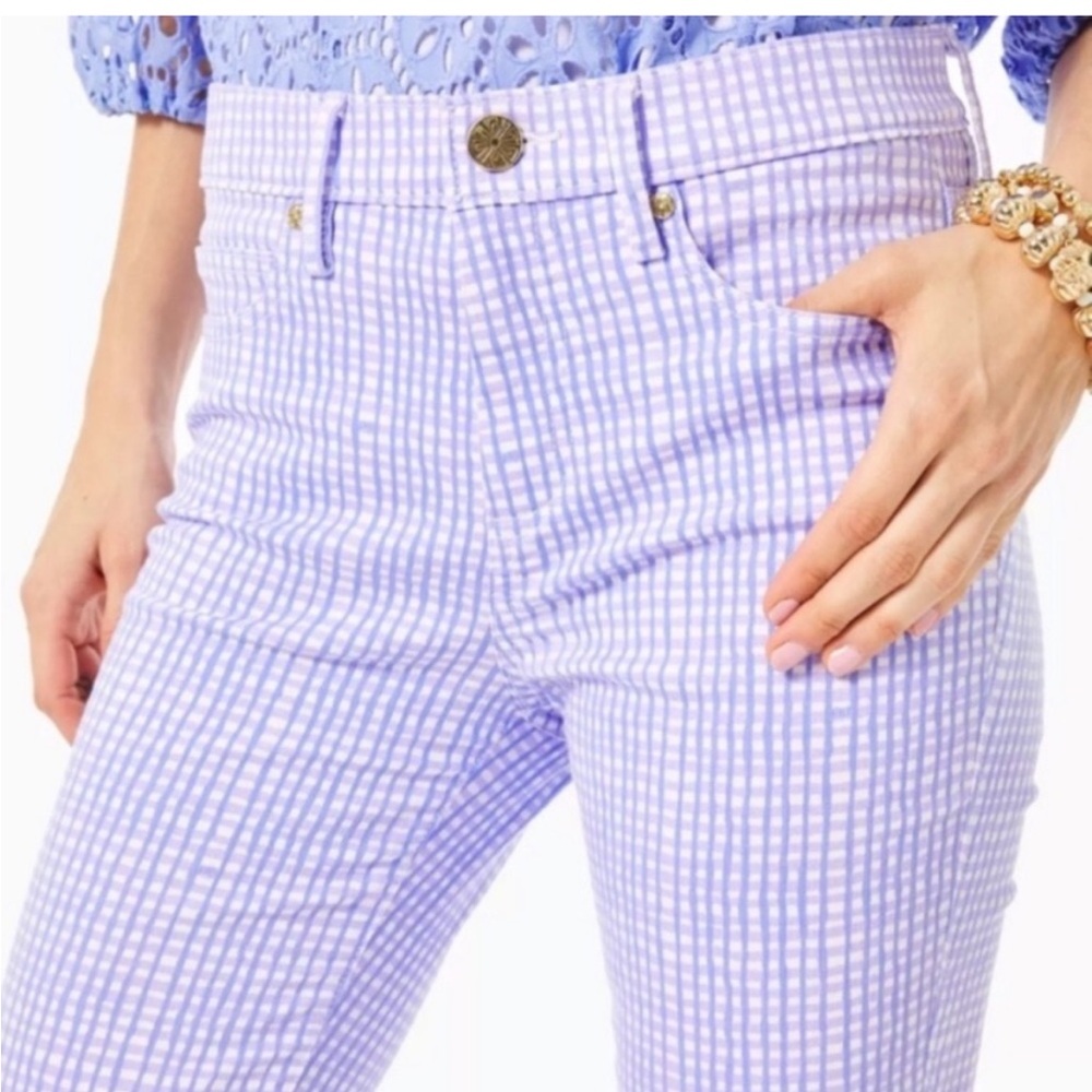 NWOT South Ocean High Rise Gingham Verbena Light Lilac Skinny Pants Size 8 💜
